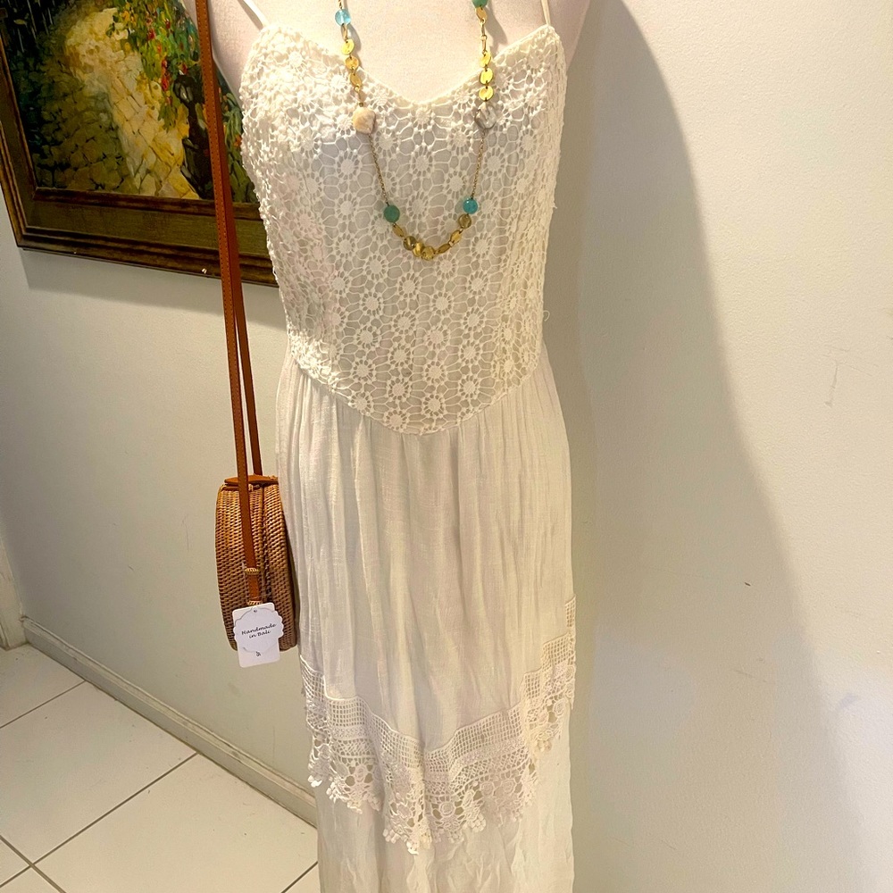 TRIXXI Boho Vintage Crochet Maxi Ivory Dress Sz 9